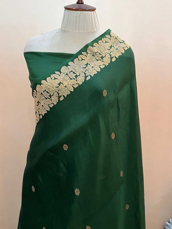 Bottle Green Banarasi Handloom Kora Katan Silk Saree