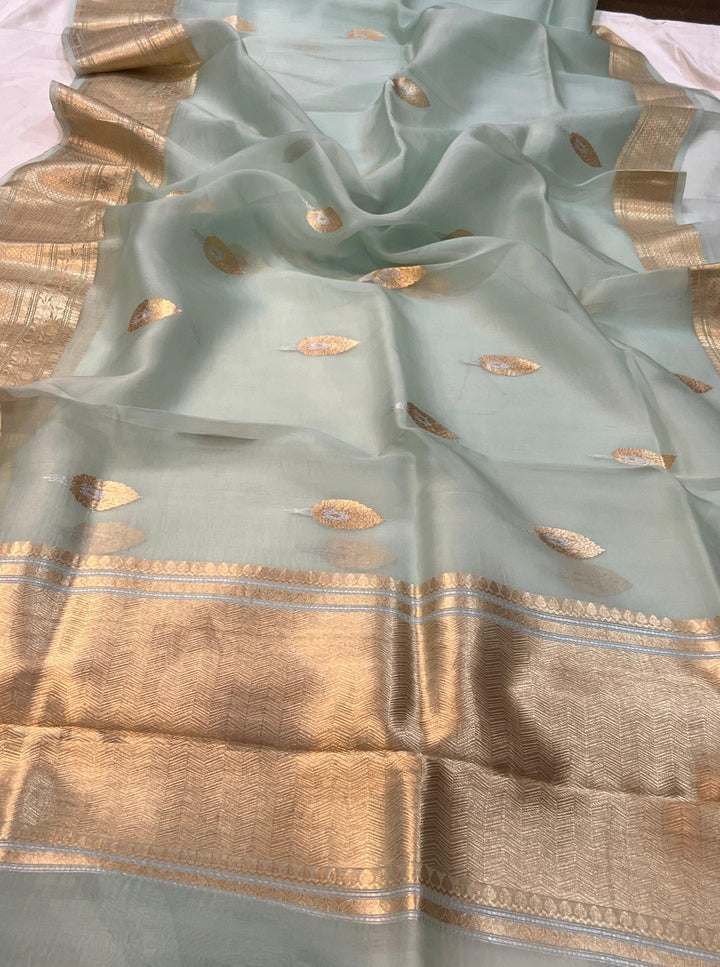 Pani Blue Pure Banarasi Handloom Kora Silk Saree - Aura Benaras