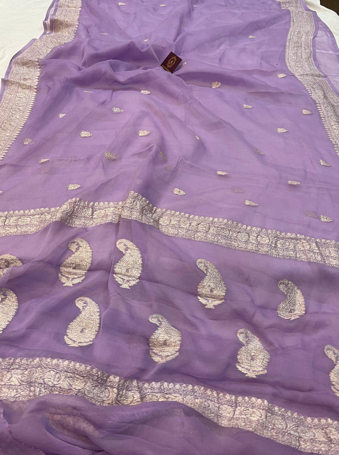 Pastel Lavender Khaddi Chiffon Banarasi Handloom Saree - Aura Benaras