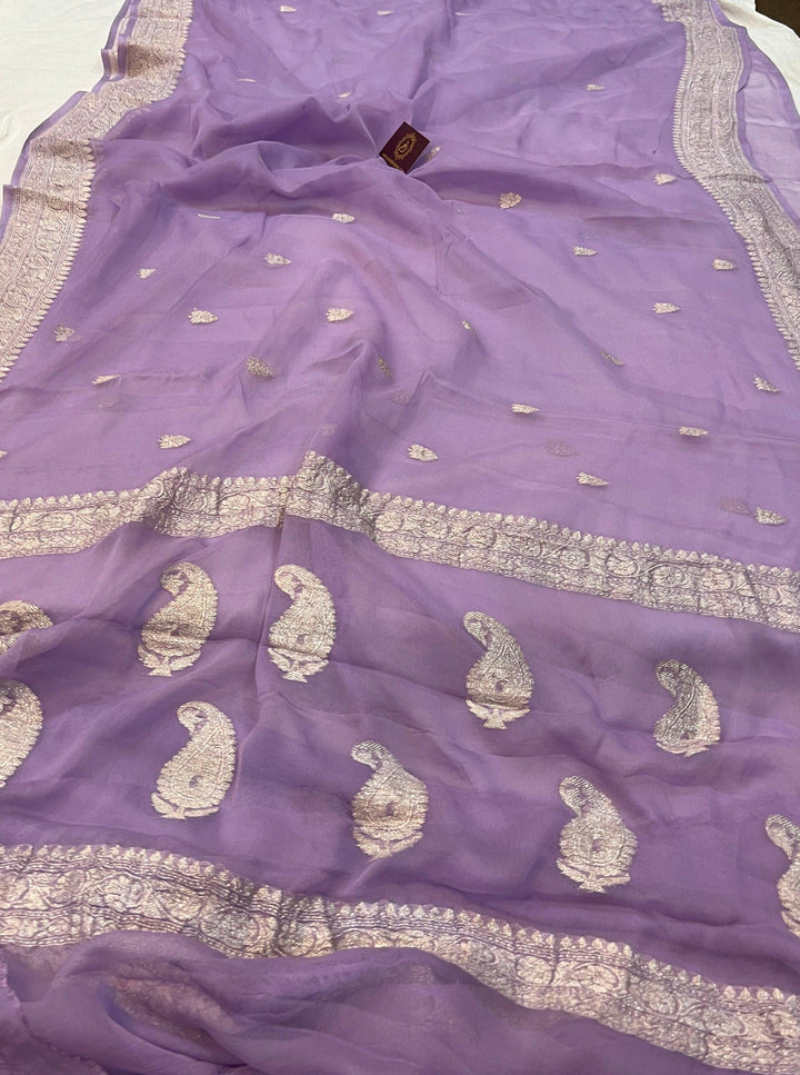 Pastel Lavender Khaddi Chiffon Banarasi Handloom Saree - Aura Benaras