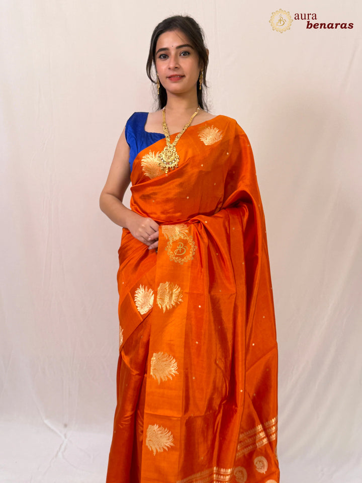 Orange Pure Katan Silk Banarasi Saree Kadhwa Leopard Motifs