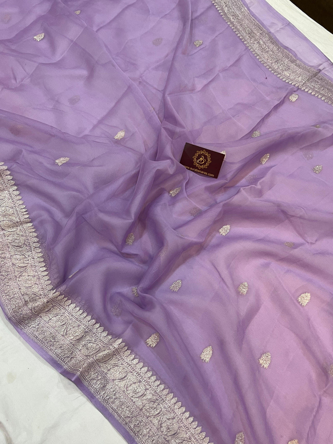 Pastel Lavender Khaddi Chiffon Banarasi Handloom Saree - Aura Benaras