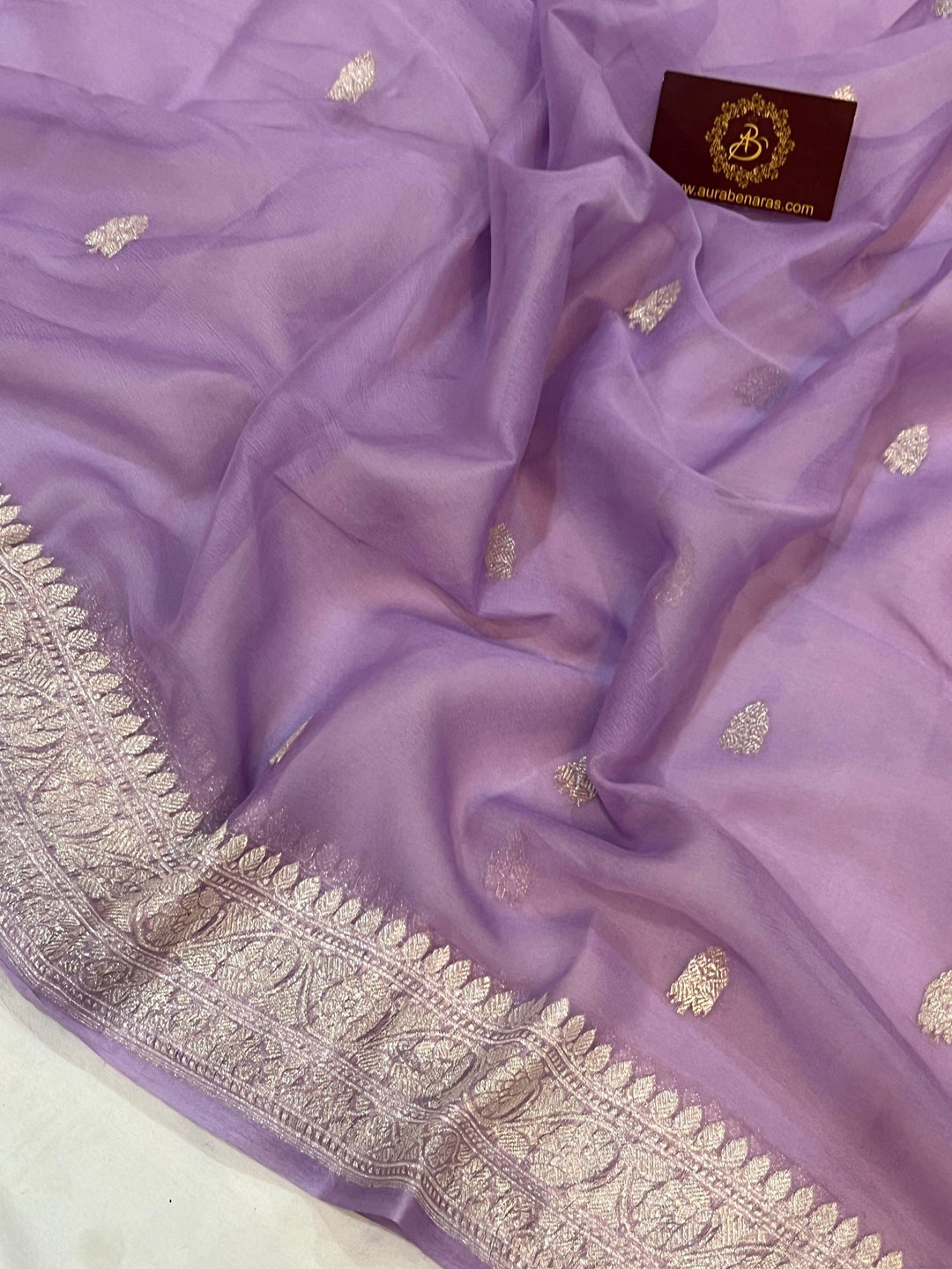 Pastel Lavender Khaddi Chiffon Banarasi Handloom Saree - Aura Benaras