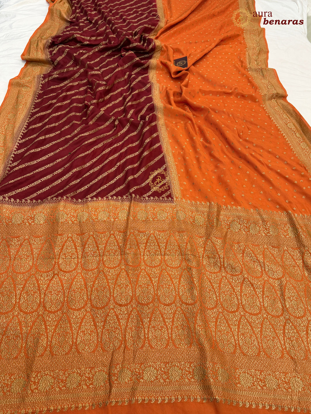 Orange Pure Crepe Silk Banarasi Saree with Antique Zari Aada Work