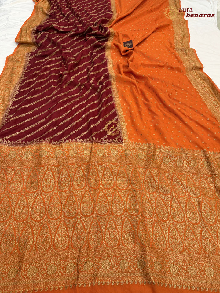 Orange Pure Crepe Silk Banarasi Saree with Antique Zari Aada Work