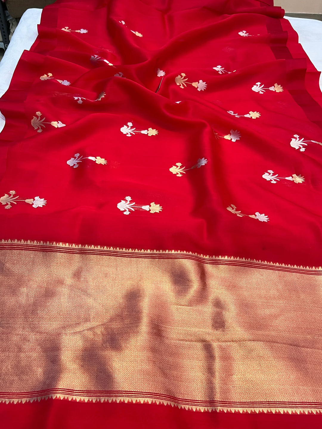 Red Banarasi Handloom Kora Silk Saree