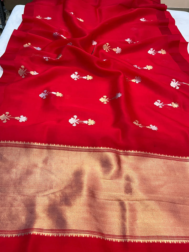 Red Banarasi Handloom Kora Silk Saree