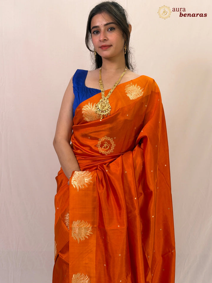 Orange Pure Katan Silk Banarasi Saree Kadhwa Leopard Motifs