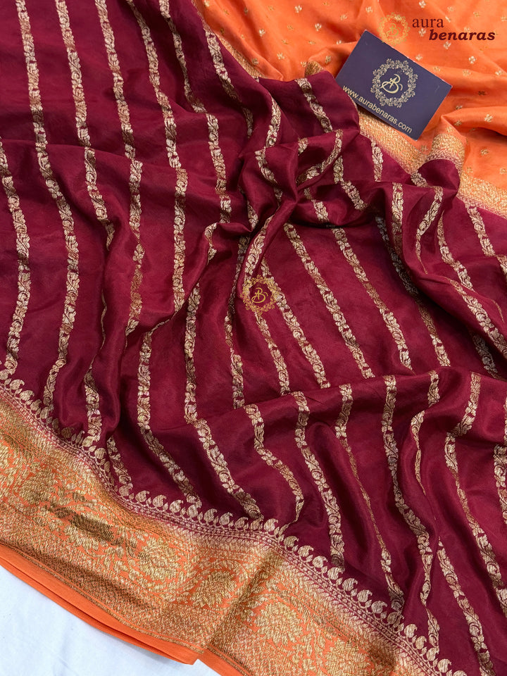 Orange Pure Crepe Silk Banarasi Saree with Antique Zari Aada Work