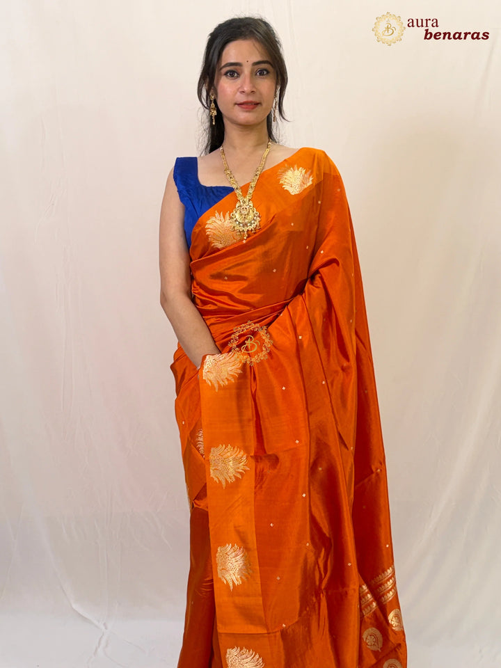 Orange Pure Katan Silk Banarasi Saree Kadhwa Leopard Motifs