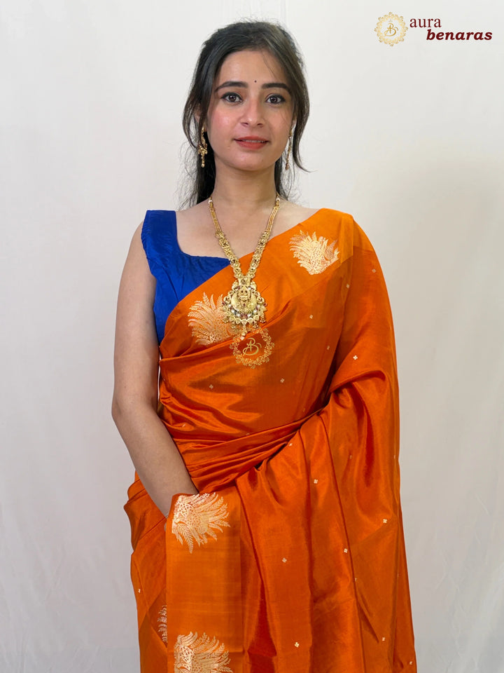 Orange Pure Katan Silk Banarasi Saree Kadhwa Leopard Motifs