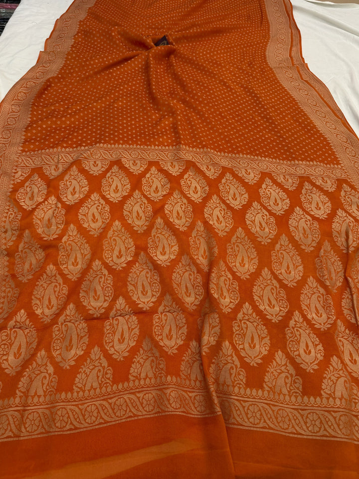 Rust Orange Banarasi Khaddi Chiffon Saree