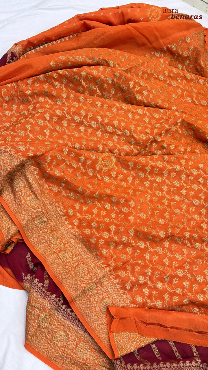 Orange Pure Crepe Silk Banarasi Saree with Antique Zari Aada Work
