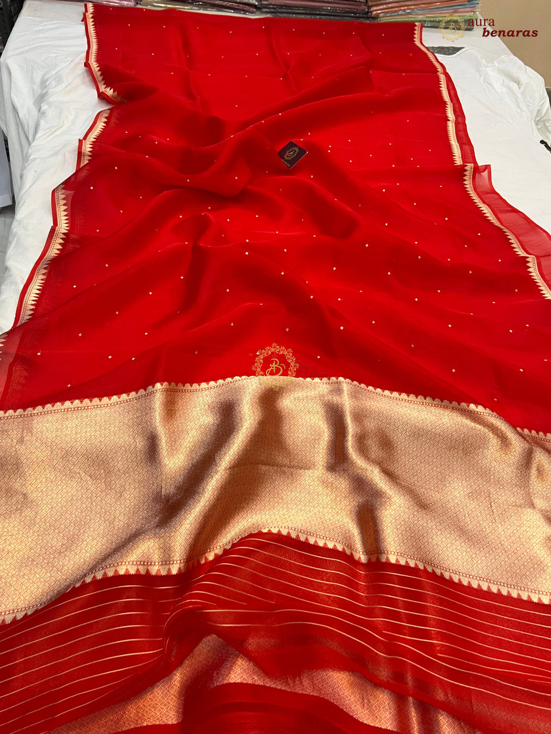 Red Kora Silk Banarasi Saree with Zari Butis & Border