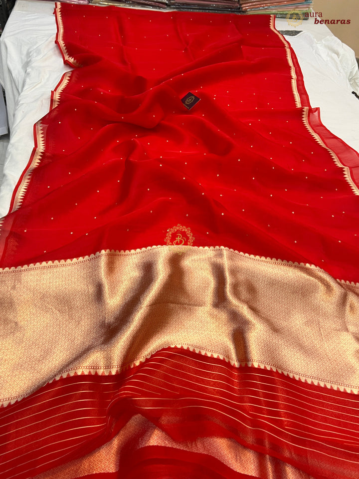 Red Kora Silk Banarasi Saree with Zari Butis & Border