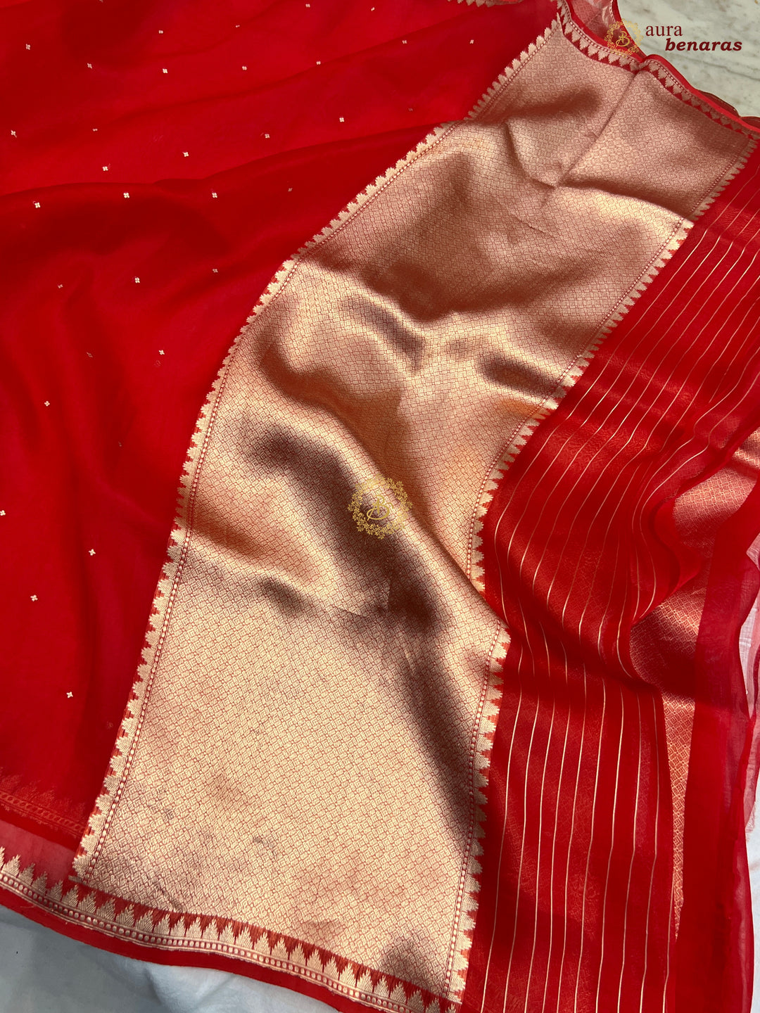 Red Kora Silk Banarasi Saree with Zari Butis & Border
