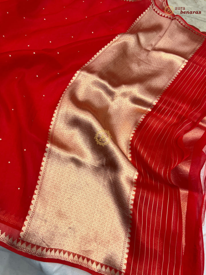 Red Kora Silk Banarasi Saree with Zari Butis & Border