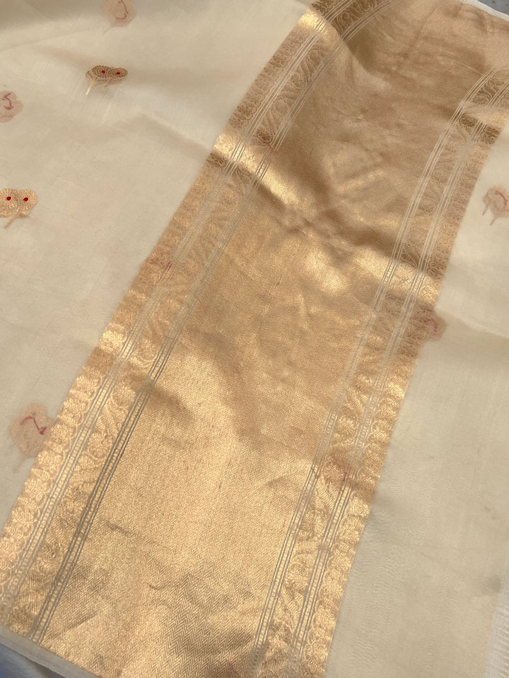 Off White Pure Kora Silk Handloom Banarasi Saree