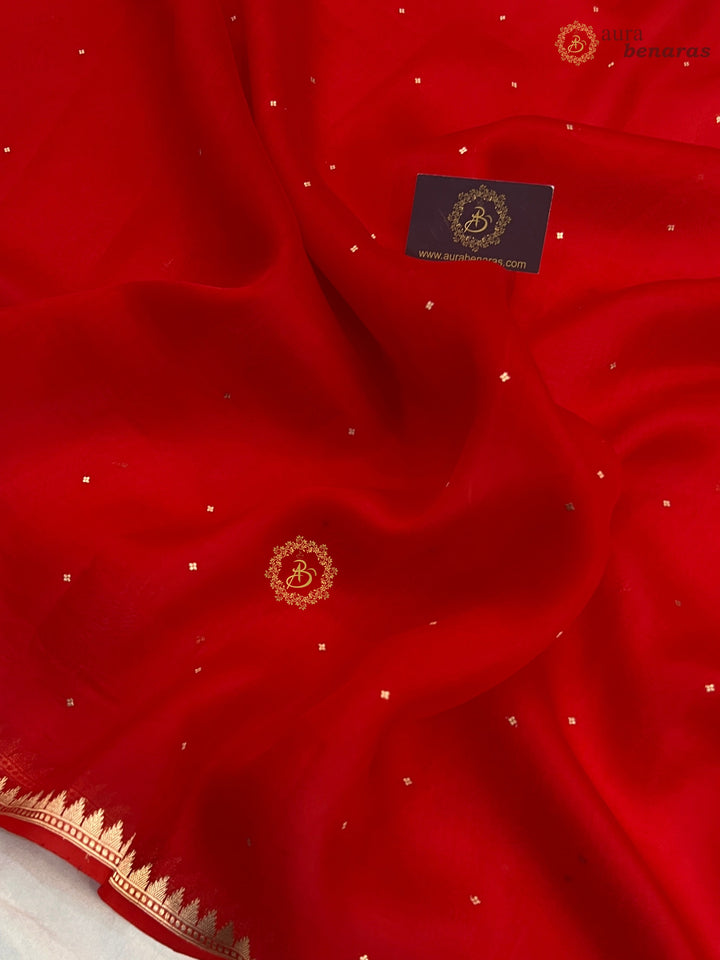Red Kora Silk Banarasi Saree with Zari Butis & Border