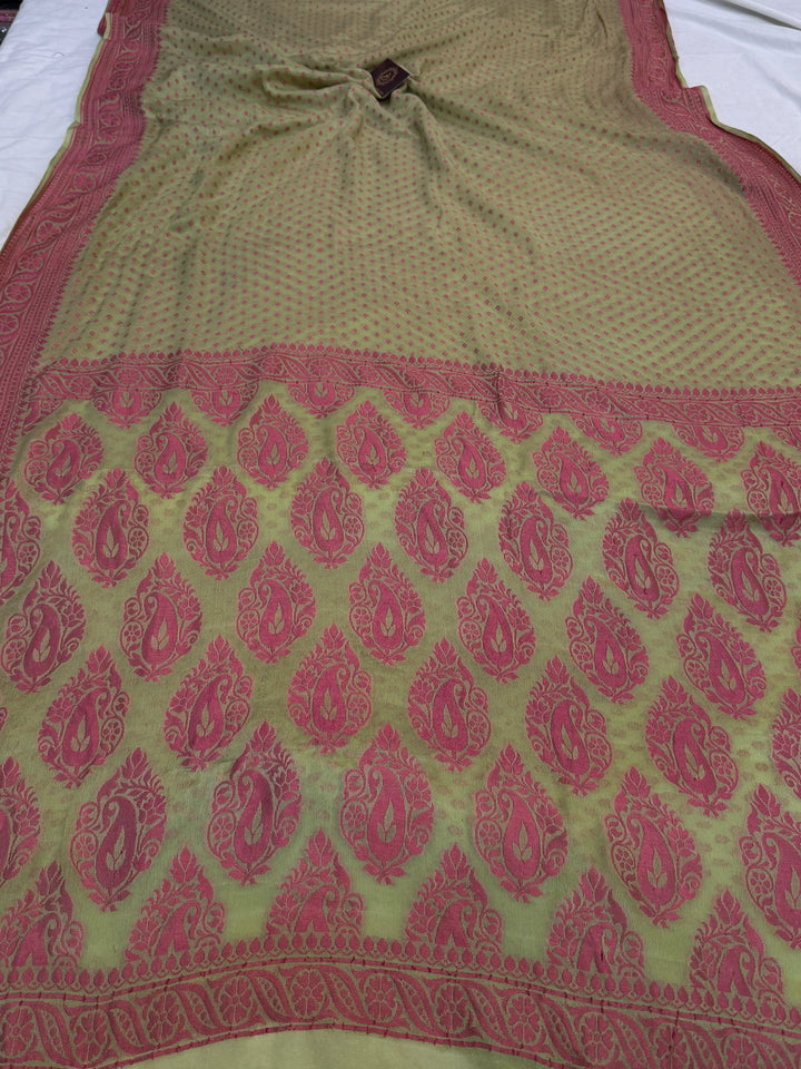 Pista Green Orange Banarasi Khaddi Chiffon Saree