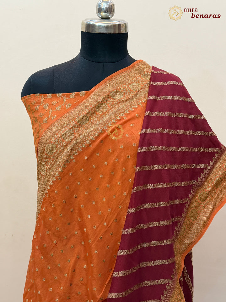 Orange Pure Crepe Silk Banarasi Saree with Antique Zari Aada Work