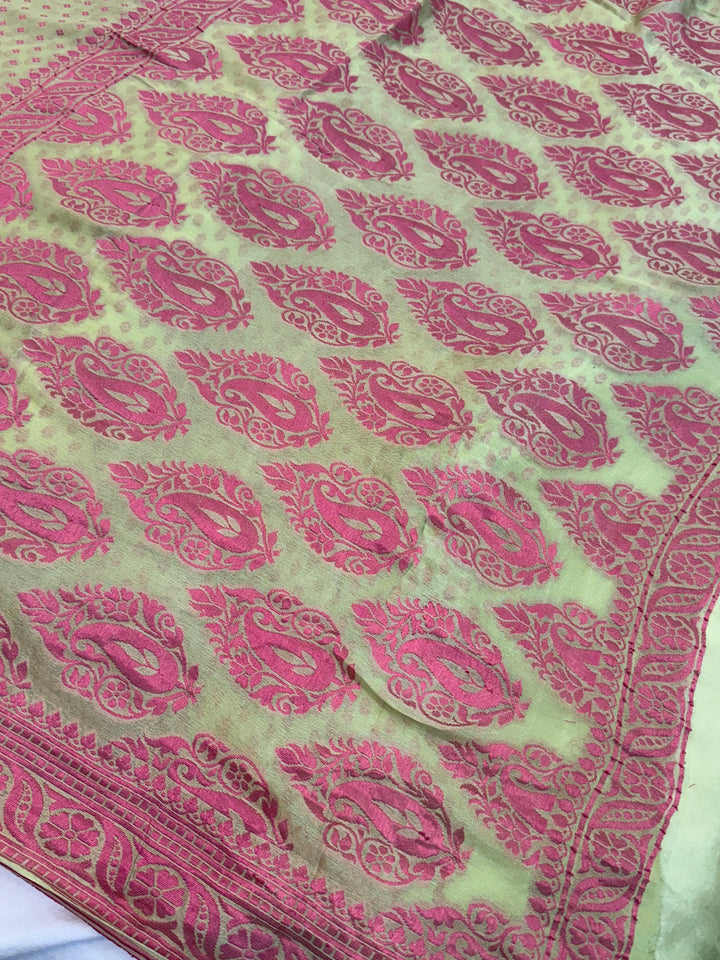 Pista Green Orange Banarasi Khaddi Chiffon Saree