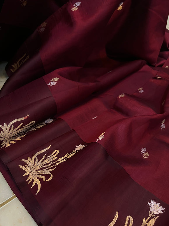 Maroon Pure Banarasi Handloom Silk Saree - Aura Benaras