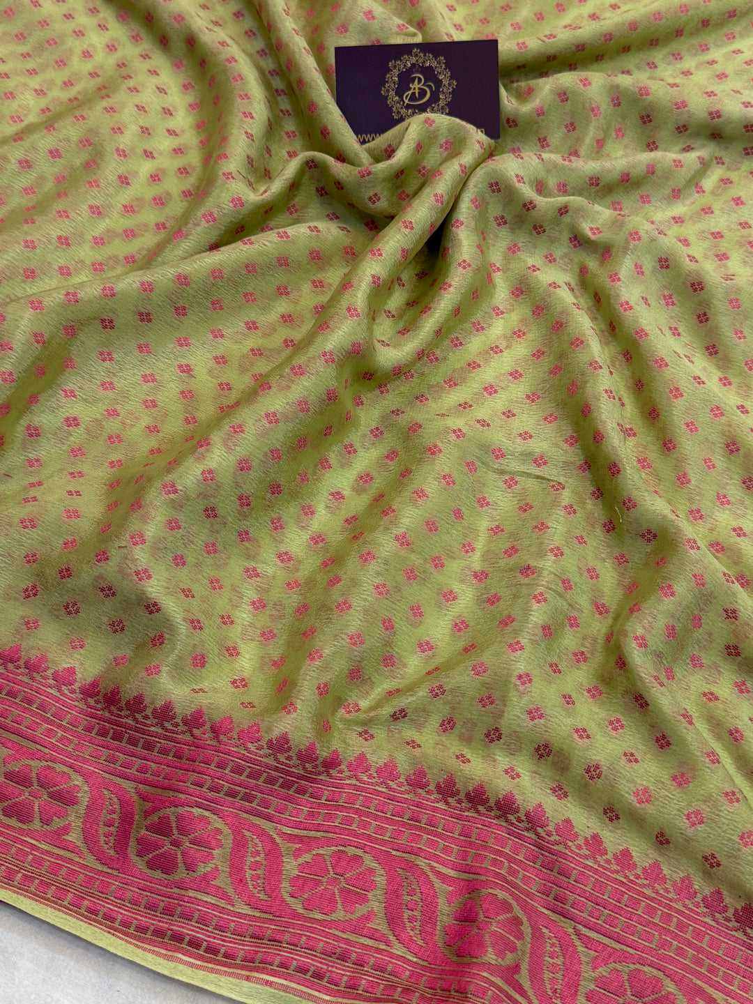 Pista Green Orange Banarasi Khaddi Chiffon Saree