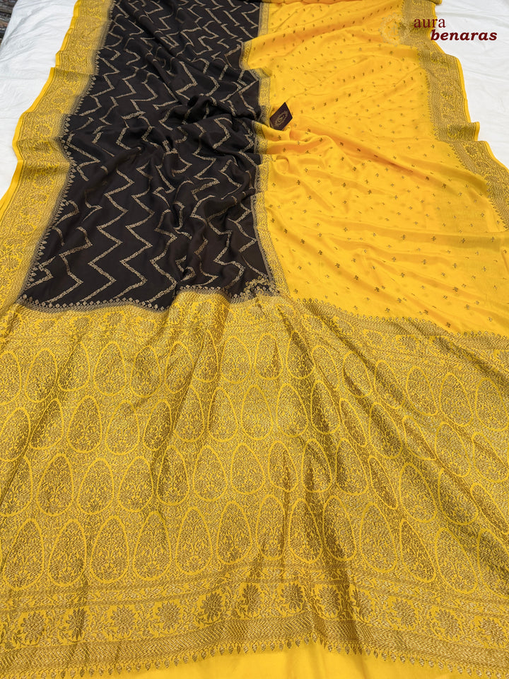 Yellow Pure Crepe Silk Banarasi Saree with Antique Zari Aada Work