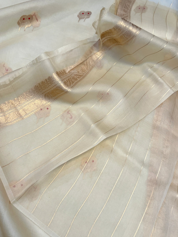 Off White Pure Kora Silk Handloom Banarasi Saree