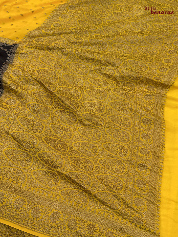Yellow Pure Crepe Silk Banarasi Saree with Antique Zari Aada Work