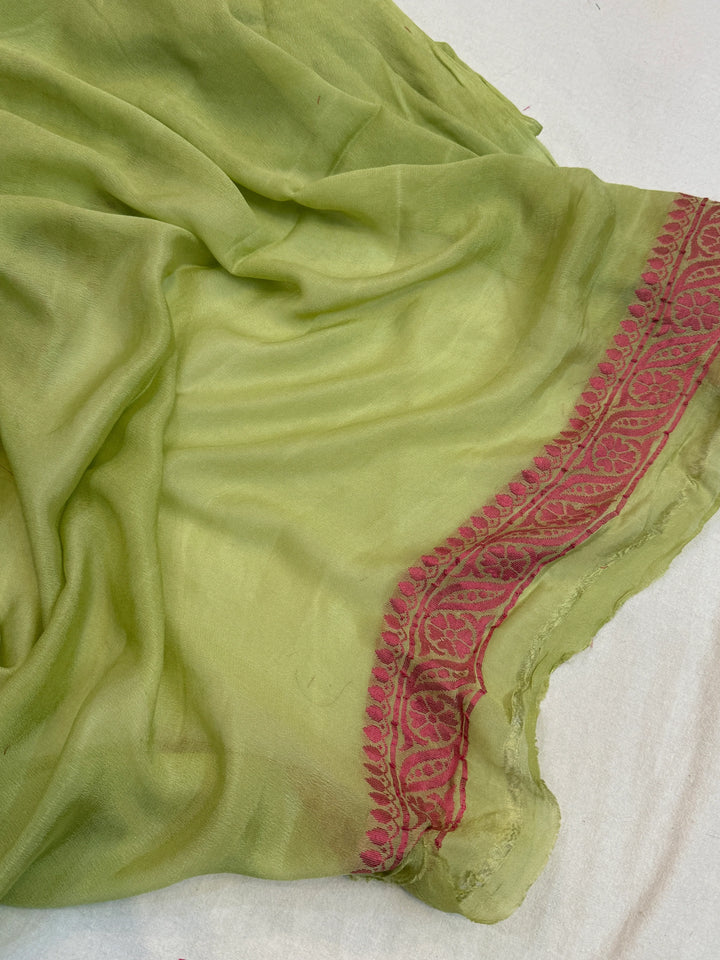 Pista Green Orange Banarasi Khaddi Chiffon Saree