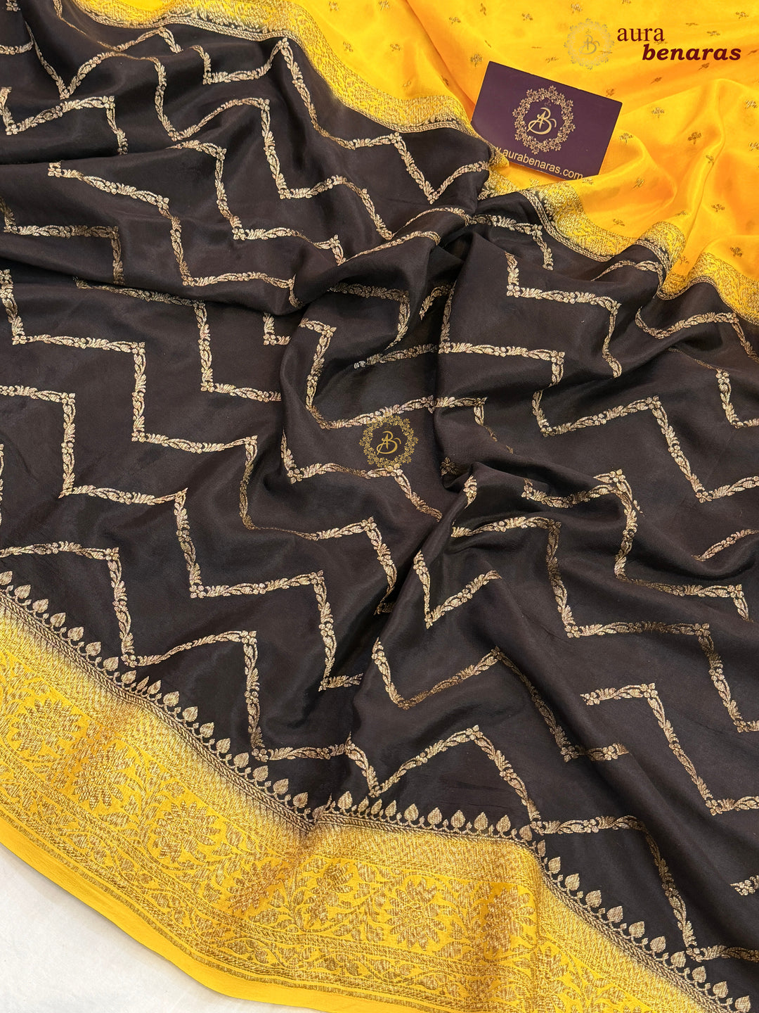 Yellow Pure Crepe Silk Banarasi Saree with Antique Zari Aada Work
