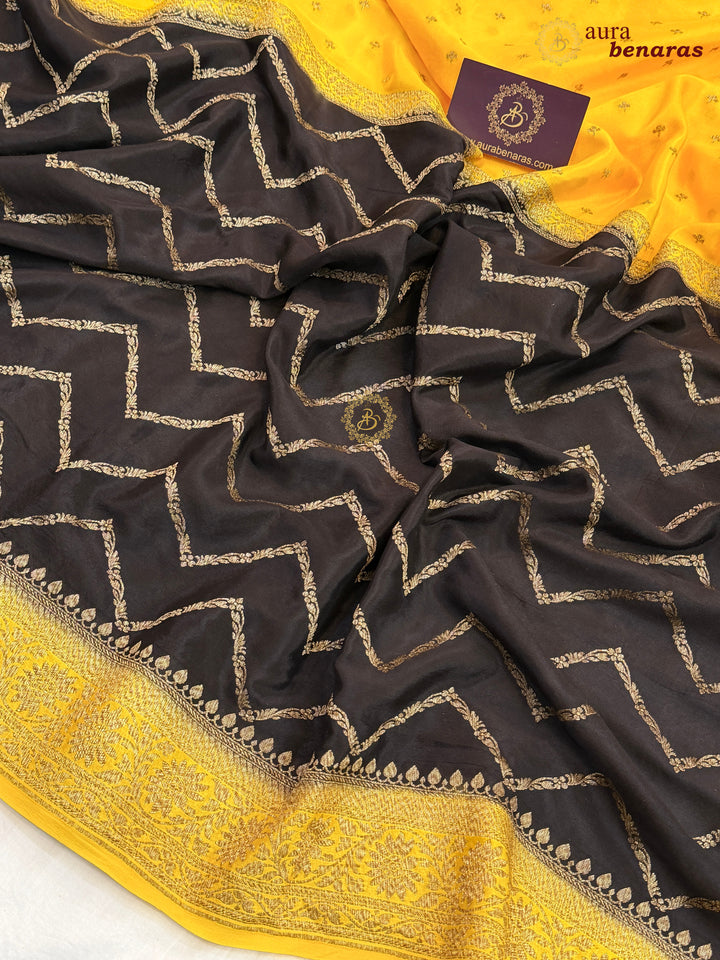 Yellow Pure Crepe Silk Banarasi Saree with Antique Zari Aada Work