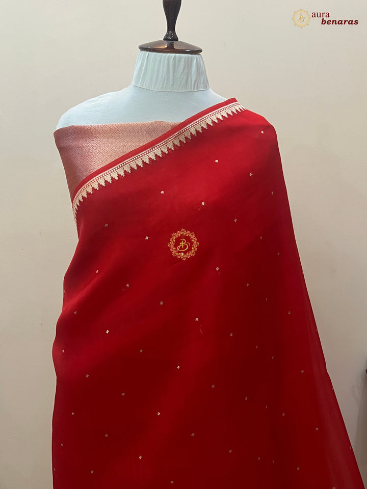 Red Kora Silk Banarasi Saree with Zari Butis & Border