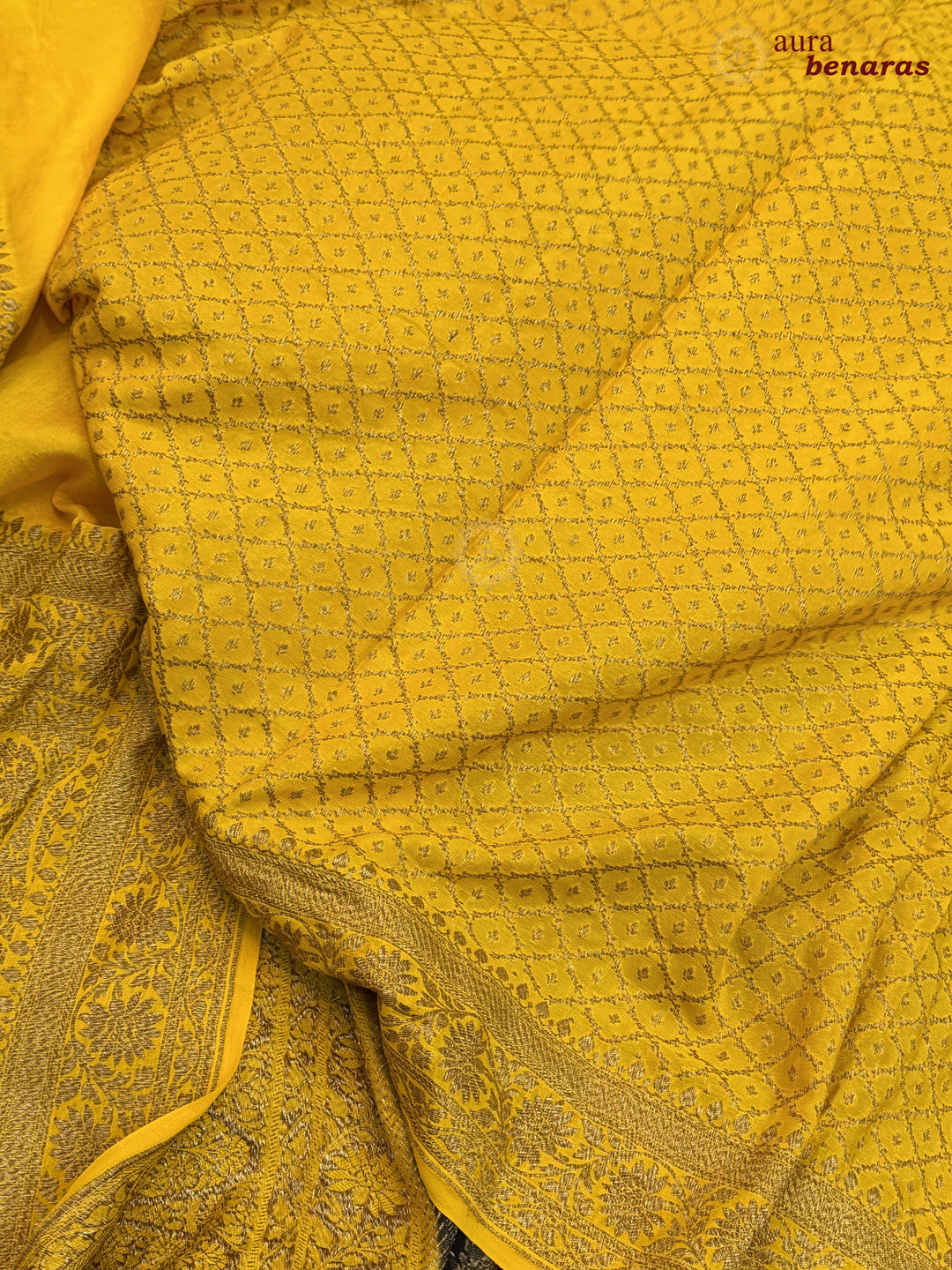 Yellow Pure Crepe Silk Banarasi Saree with Antique Zari Aada Work