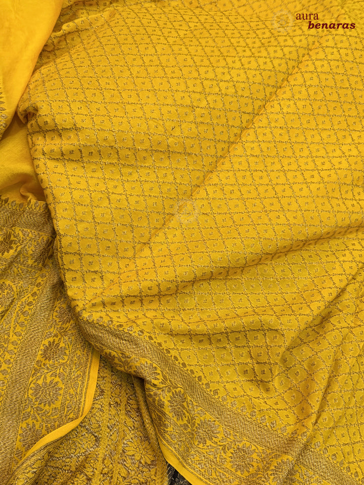 Yellow Pure Crepe Silk Banarasi Saree with Antique Zari Aada Work