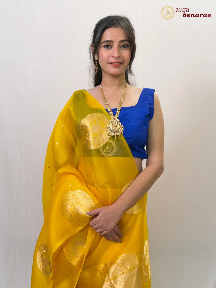 Yellow Banarasi Handloom Kora Silk Saree - Aura Benaras
