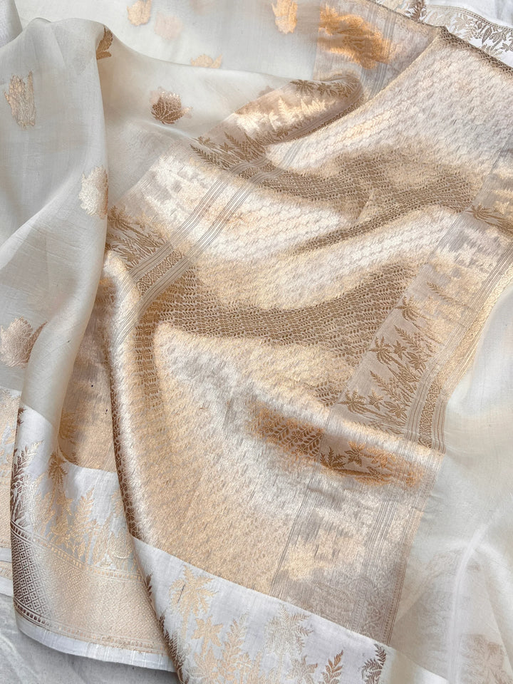 Cream Pure Kora Silk Handloom Banarasi Saree