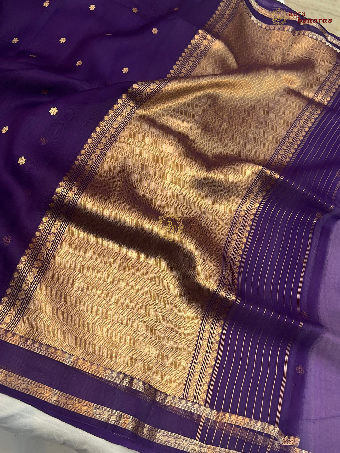 Deep Purple Banarasi Handloom Kora Silk Saree - Aura Benaras