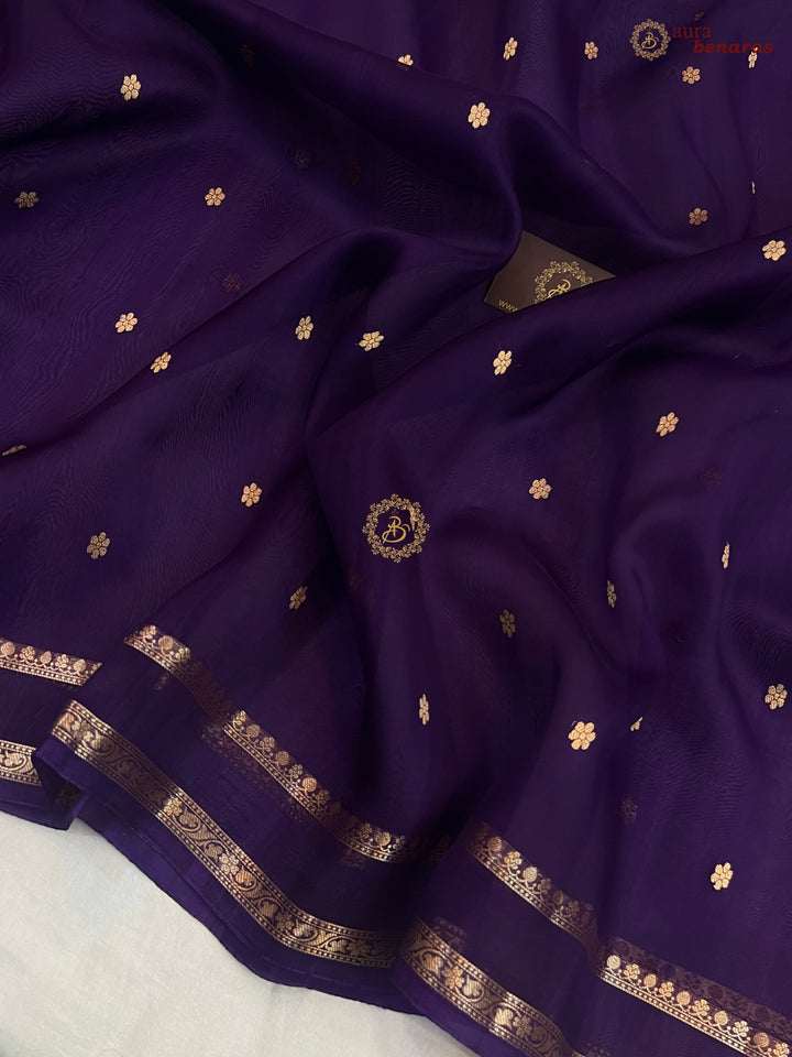Deep Purple Banarasi Handloom Kora Silk Saree - Aura Benaras