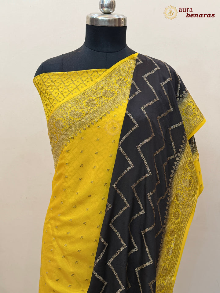 Yellow Pure Crepe Silk Banarasi Saree with Antique Zari Aada Work