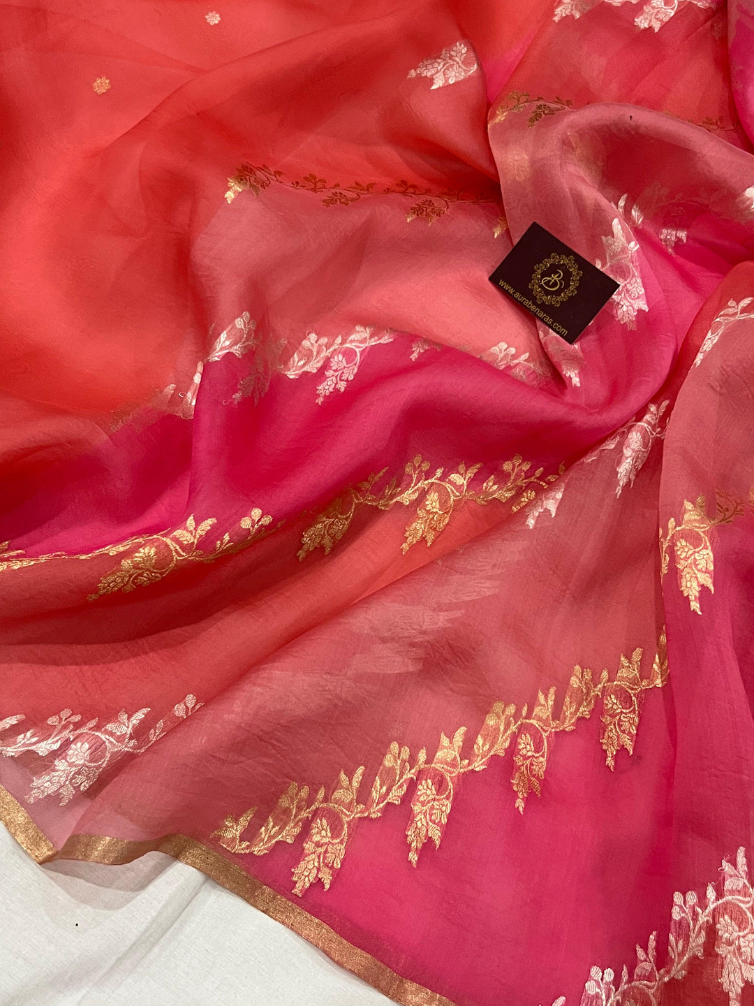 Strawberry Pink Banarasi Handloom Kora Silk Saree - Aura Benaras