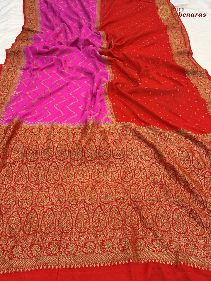 Red Pure Crepe Silk Banarasi Saree with Antique Zari Aada Work