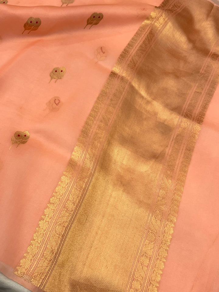 Peach Pure Kora Silk Handloom Banarasi Saree