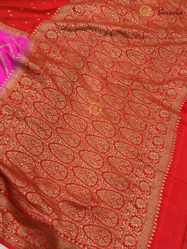 Red Pure Crepe Silk Banarasi Saree with Antique Zari Aada Work