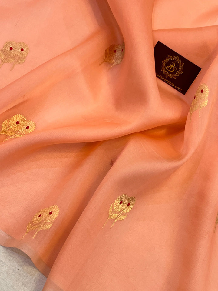 Peach Pure Kora Silk Handloom Banarasi Saree