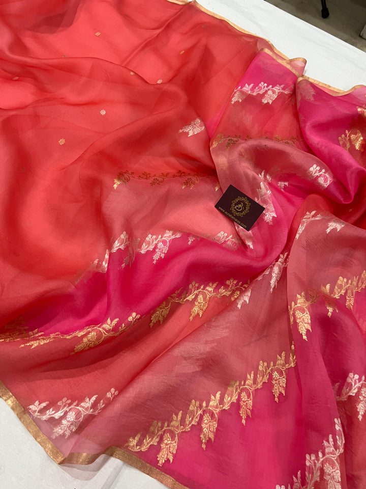 Strawberry Pink Banarasi Handloom Kora Silk Saree - Aura Benaras