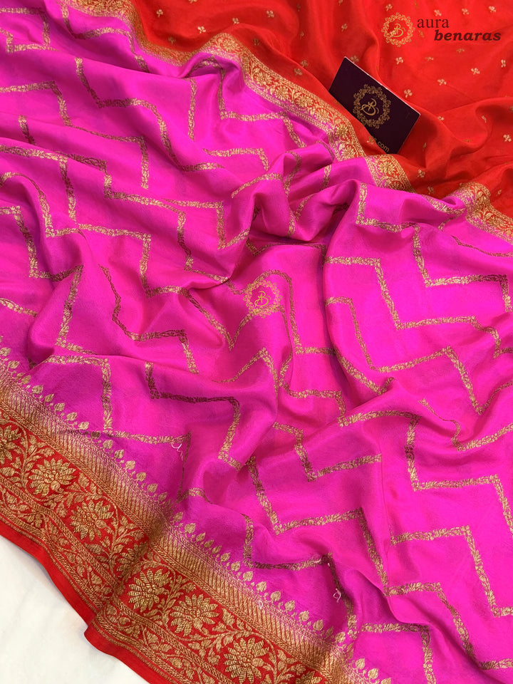 Red Pure Crepe Silk Banarasi Saree with Antique Zari Aada Work