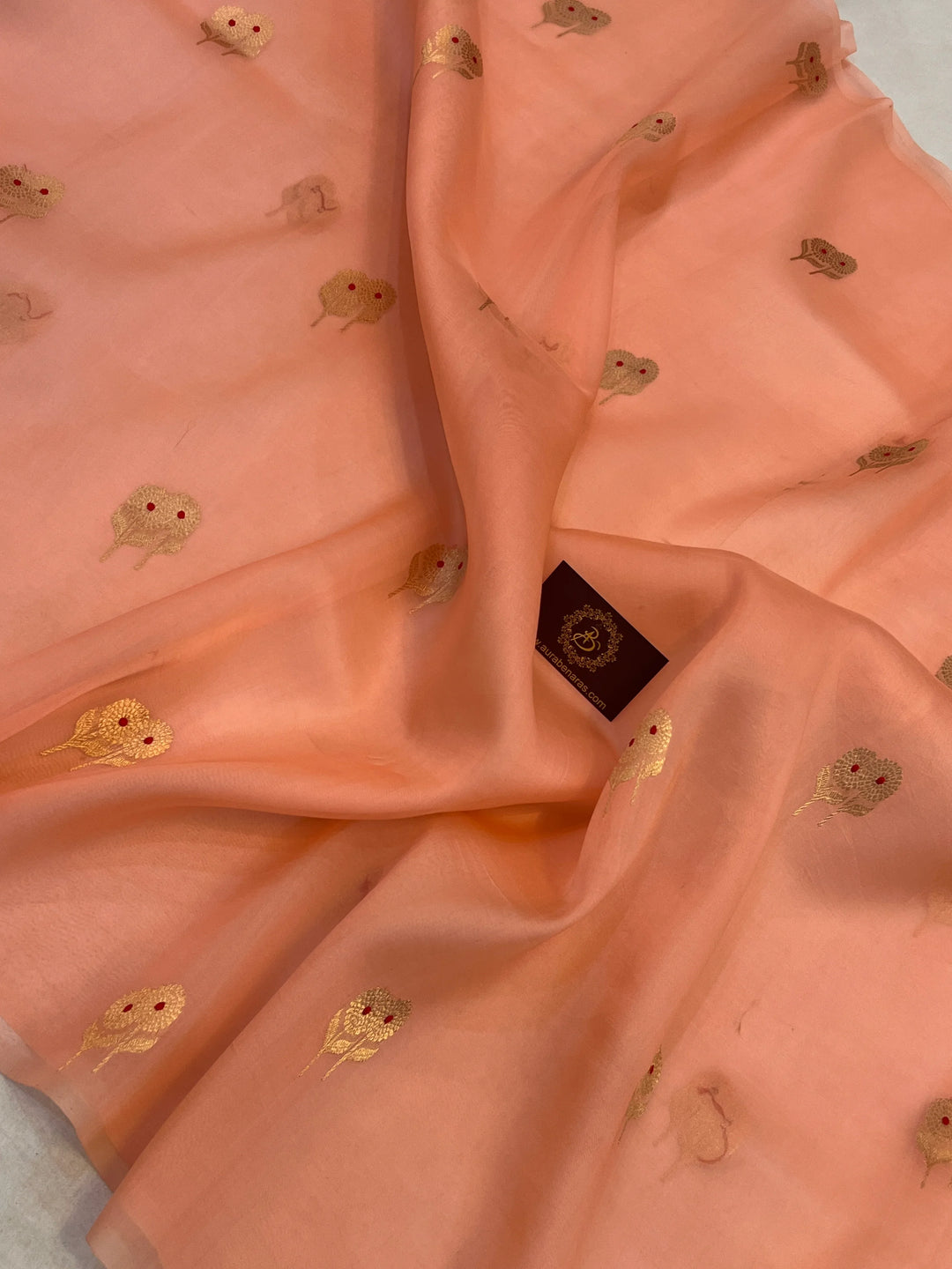 Peach Pure Kora Silk Handloom Banarasi Saree